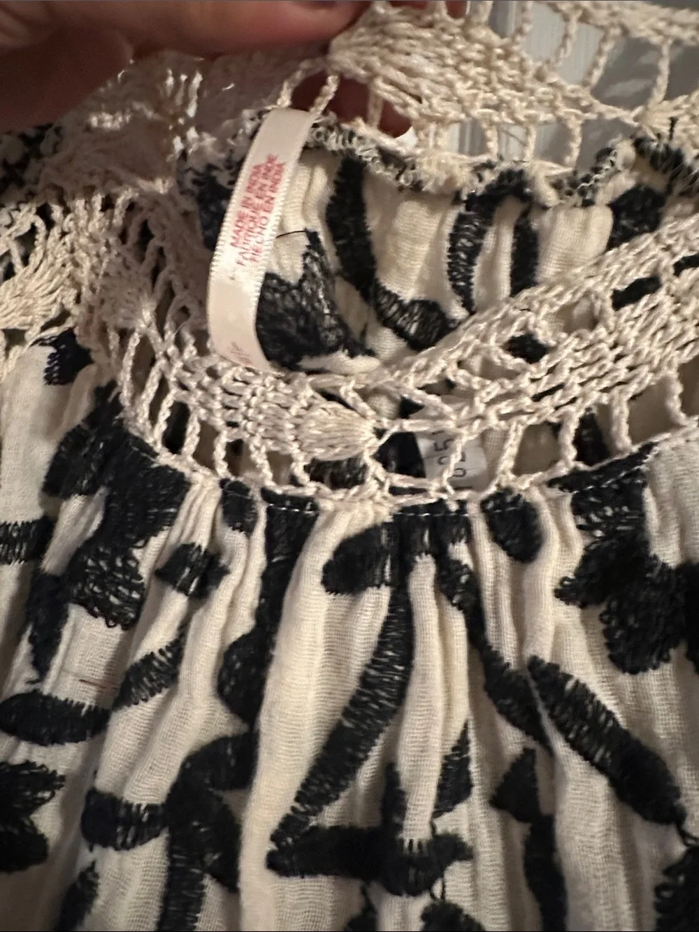 Free People Cream Top with Black Floral Embroidery